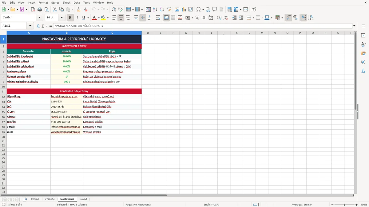 Snímka obrazovky 3: hárok Nastavenia - Excelová šablóna cenová ponuka excel vzor