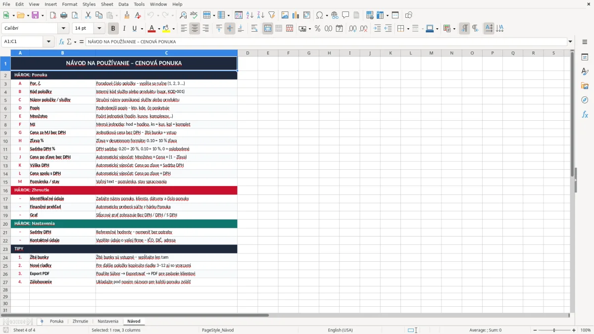 Snímka obrazovky 4: hárok Návod - Excelová šablóna cenová ponuka excel vzor