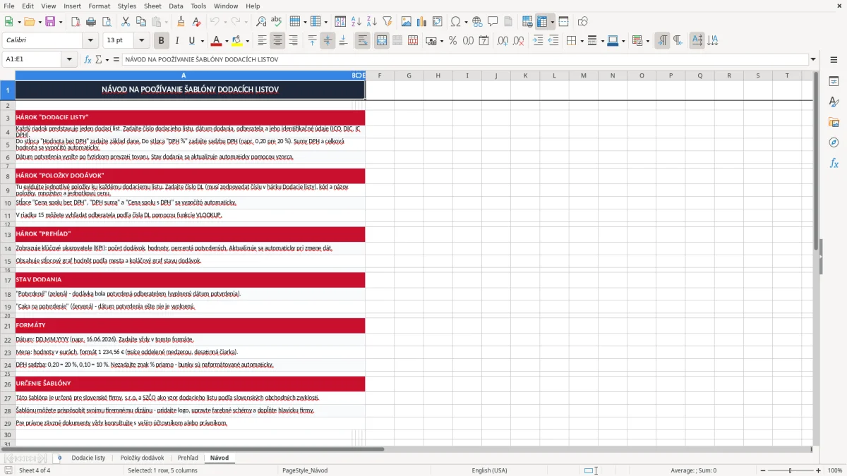 Snímka obrazovky 4: hárok Návod - Excelová šablóna dodací list excel vzor