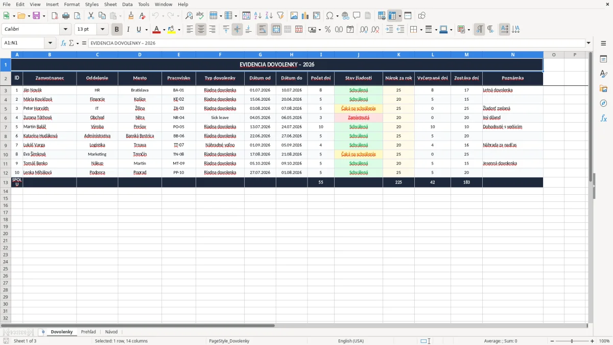Snímka obrazovky 1: hárok Dovolenky - Excelová šablóna evidencia dovolenky excel vzor
