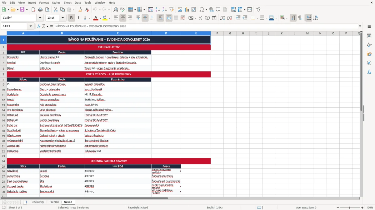 Snímka obrazovky 3: hárok Návod - Excelová šablóna evidencia dovolenky excel vzor