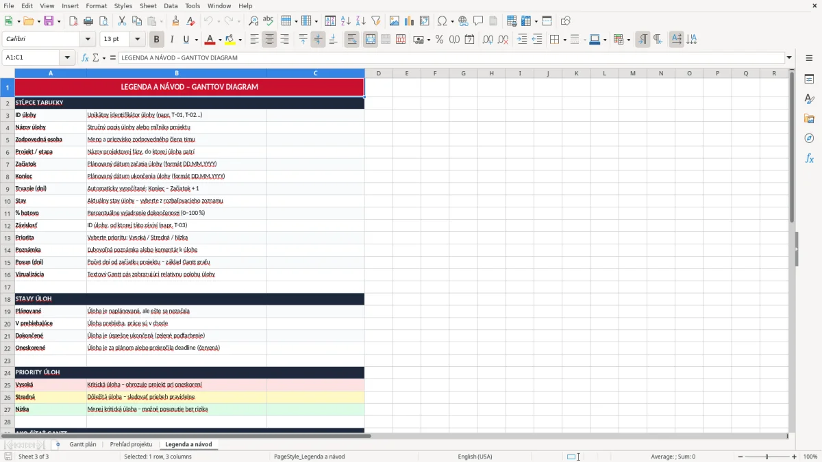 Snímka obrazovky 3: hárok Legenda a návod - Excelová šablóna ganttov diagram excel vzor