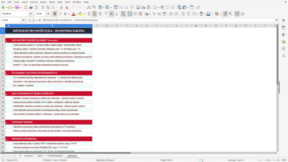 Snímka obrazovky 4: hárok Inštrukcie - Excelová šablóna inventúra excel vzor