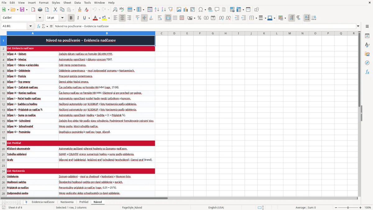 Snímka obrazovky 4: hárok Návod - Excelová šablóna nadčasy evidencia excel vzor