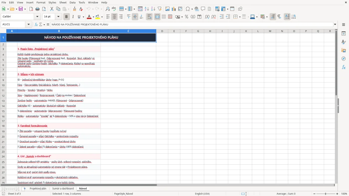 Snímka obrazovky 3: hárok Návod - Excelová šablóna projektový plán excel vzor