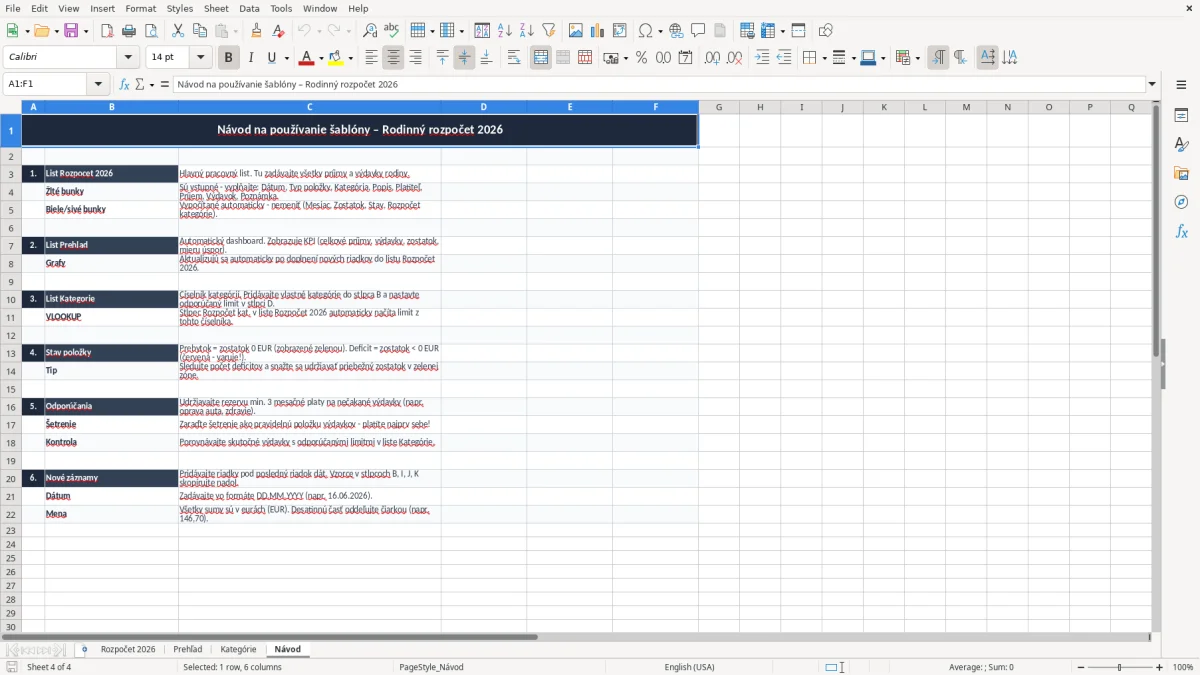 Snímka obrazovky 4: hárok Návod - Excelová šablóna rodinný rozpočet excel vzor