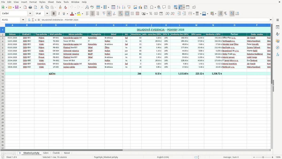 Skärmbild 1: fliken Skladové pohyby - Excelmall skladová evidencia excel vzor