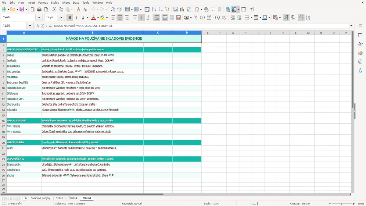 Skärmbild 4: fliken Návod - Excelmall skladová evidencia excel vzor