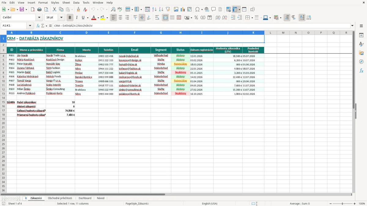 Snímka obrazovky 1: hárok Zákazníci - Excelová šablóna crm excel vzor pre malé firmy