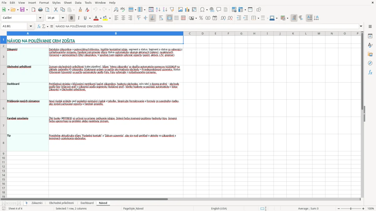 Snímka obrazovky 4: hárok Návod - Excelová šablóna crm excel vzor pre malé firmy