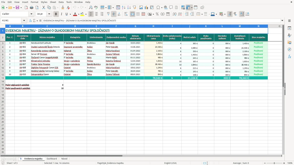 Snímka obrazovky 1: hárok Evidencia majetku - Excelová šablóna evidencia majetku excel vzor