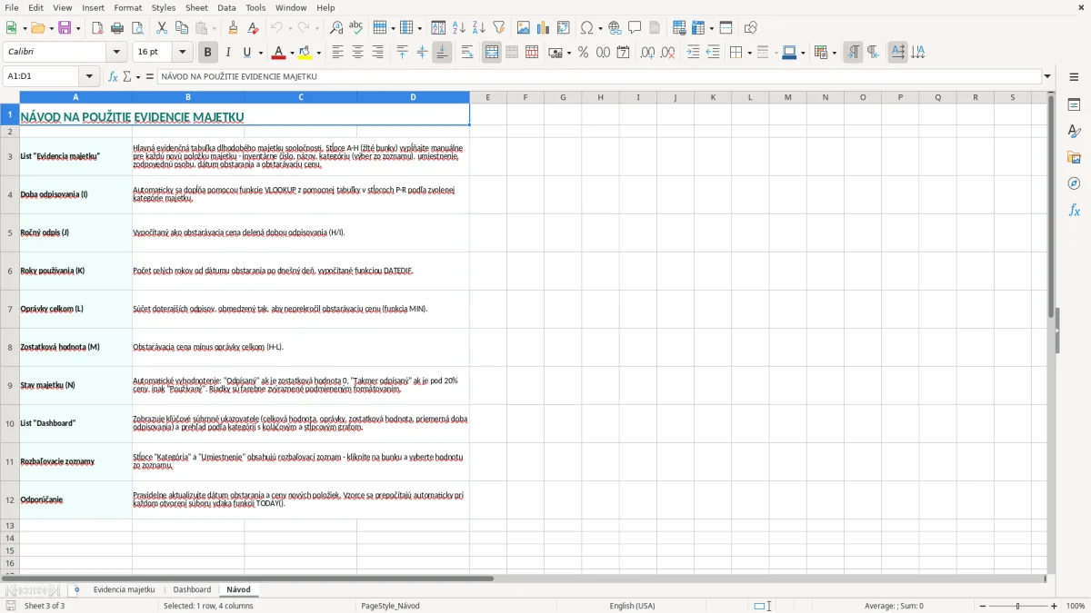 Snímka obrazovky 3: hárok Návod - Excelová šablóna evidencia majetku excel vzor