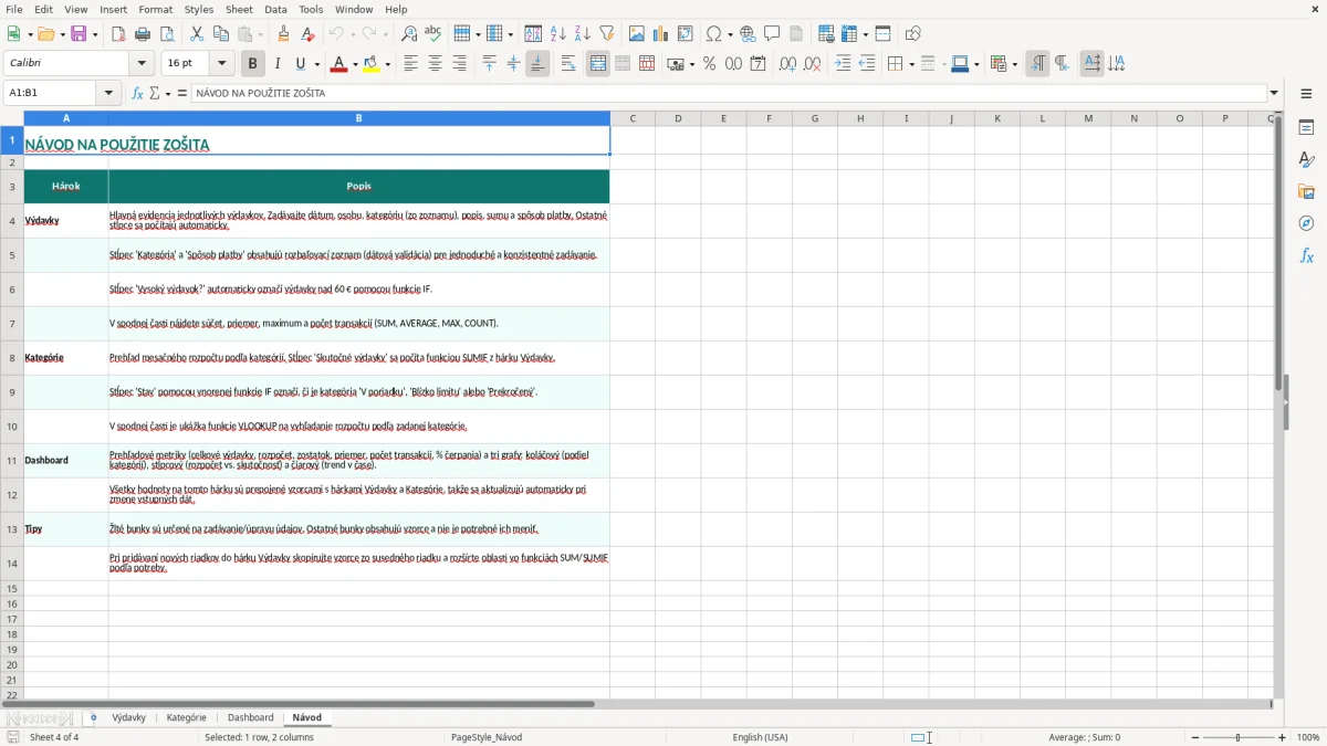 Snímka obrazovky 4: hárok Návod - Excelová šablóna evidencia výdavkov excel vzor