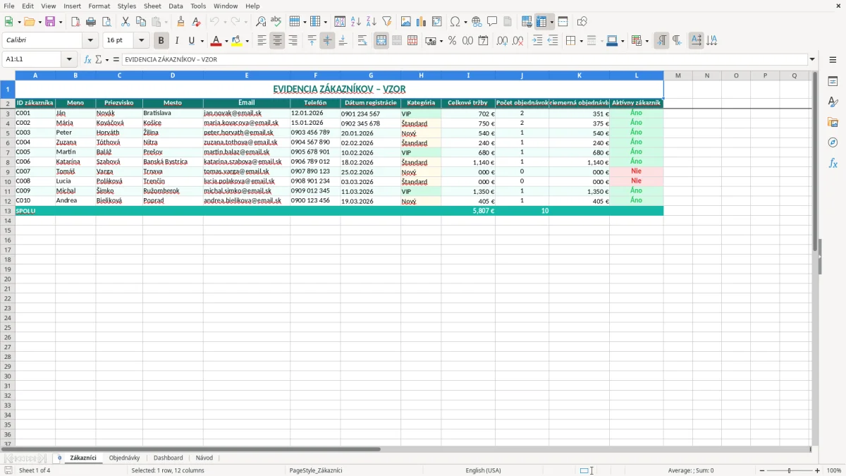 Snímka obrazovky 1: hárok Zákazníci - Excelová šablóna evidencia zákazníkov excel vzor