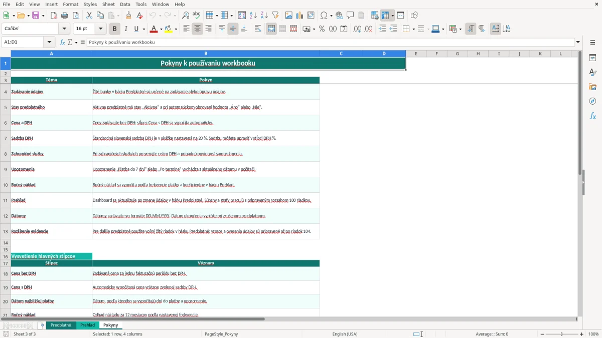 Snímka obrazovky 3: hárok Pokyny - Excelová šablóna sledovanie predplatného excel vzor