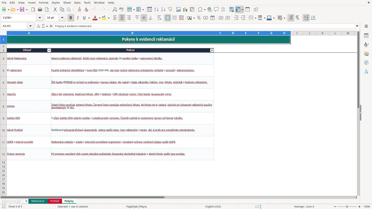 Snímka obrazovky 3: hárok Pokyny - Excelová šablóna evidencia reklamácií excel vzor