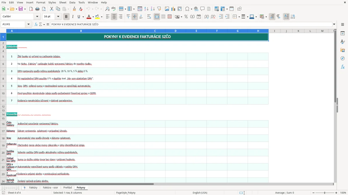 Snímka obrazovky 4: hárok Pokyny - Excelová šablóna fakturácia szčo excel vzor
