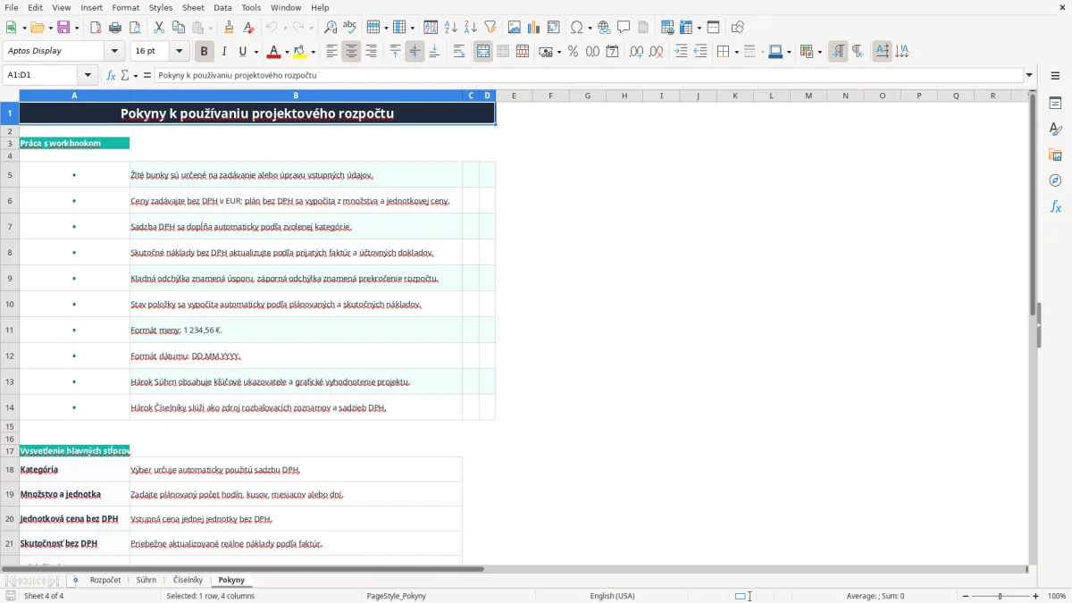 Snímka obrazovky 4: hárok Pokyny - Excelová šablóna projektový rozpočet excel vzor